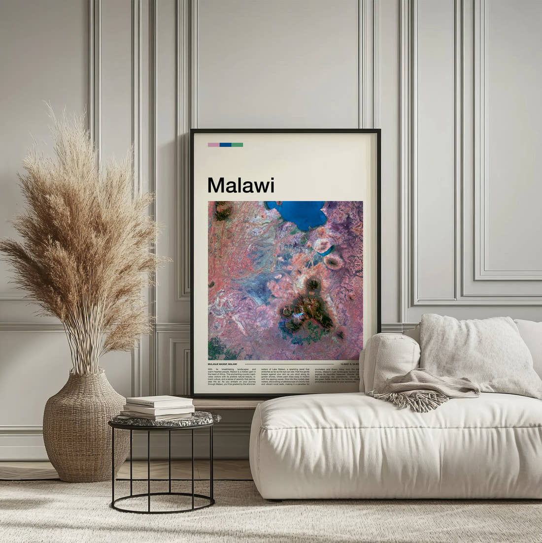 Malawi Colourful Rock Patterns Travel Print framed on the wall of a calm, neutral bedroom