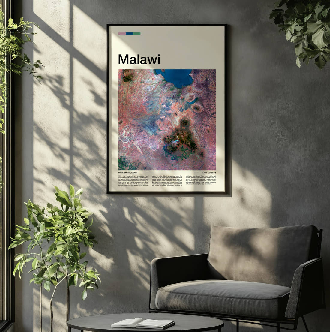Malawi Colourful Rock Patterns Travel Print framed on the wall of a relaxed living room
