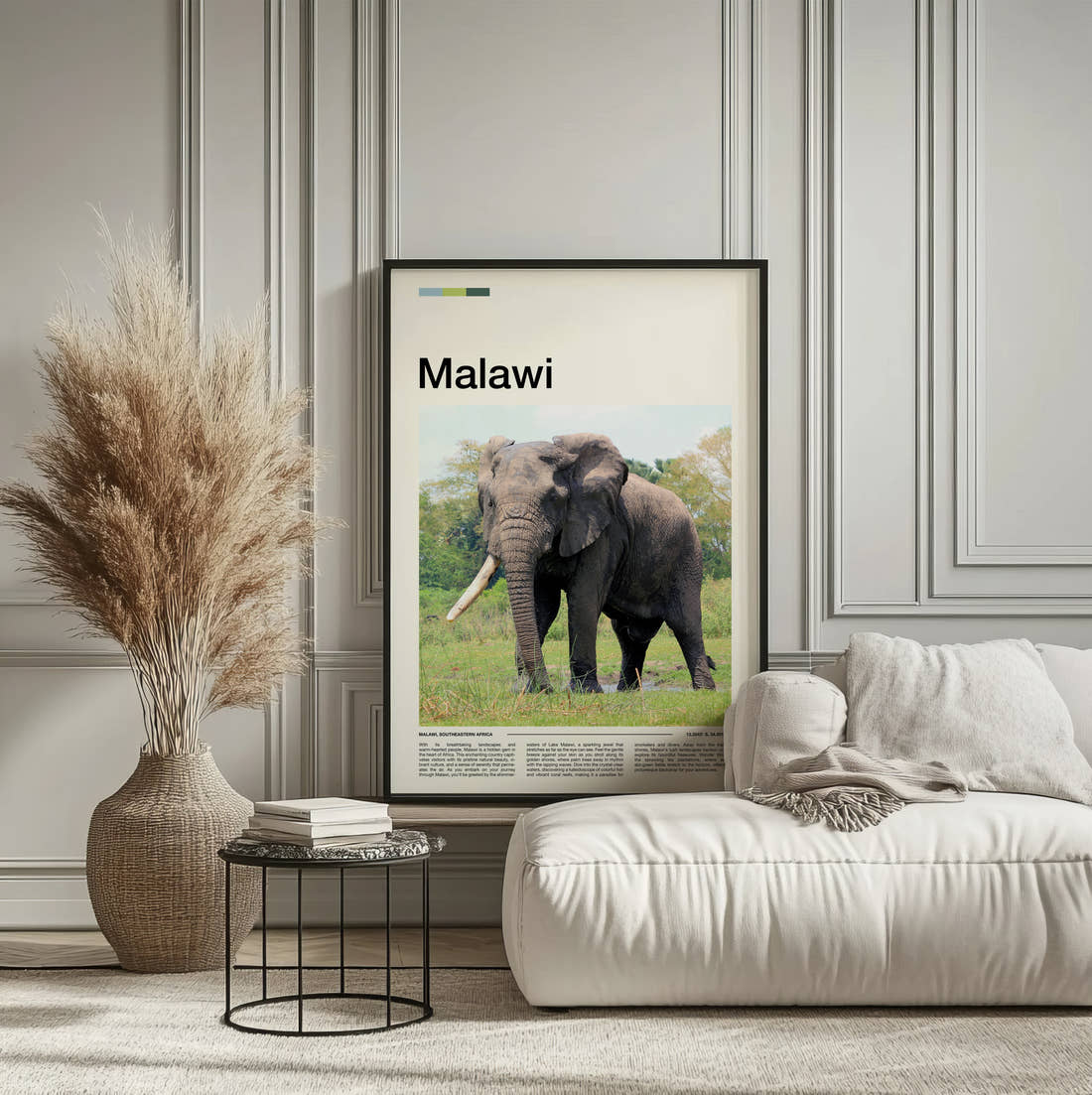 Malawi Elephant Travel Print framed on the wall of a calm, neutral bedroom