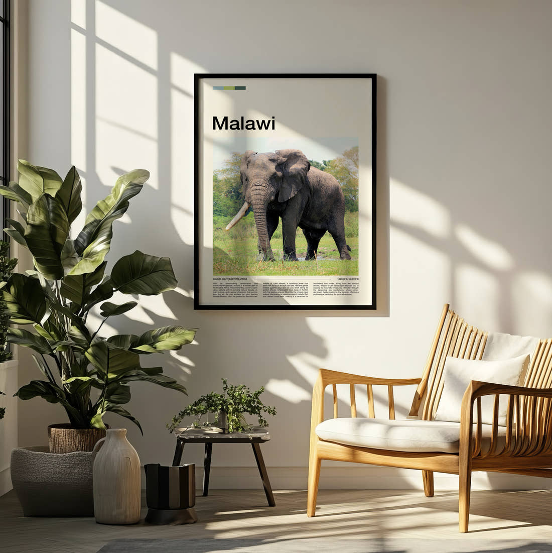 Malawi Elephant Travel Print framed on a pale wall beside houseplants