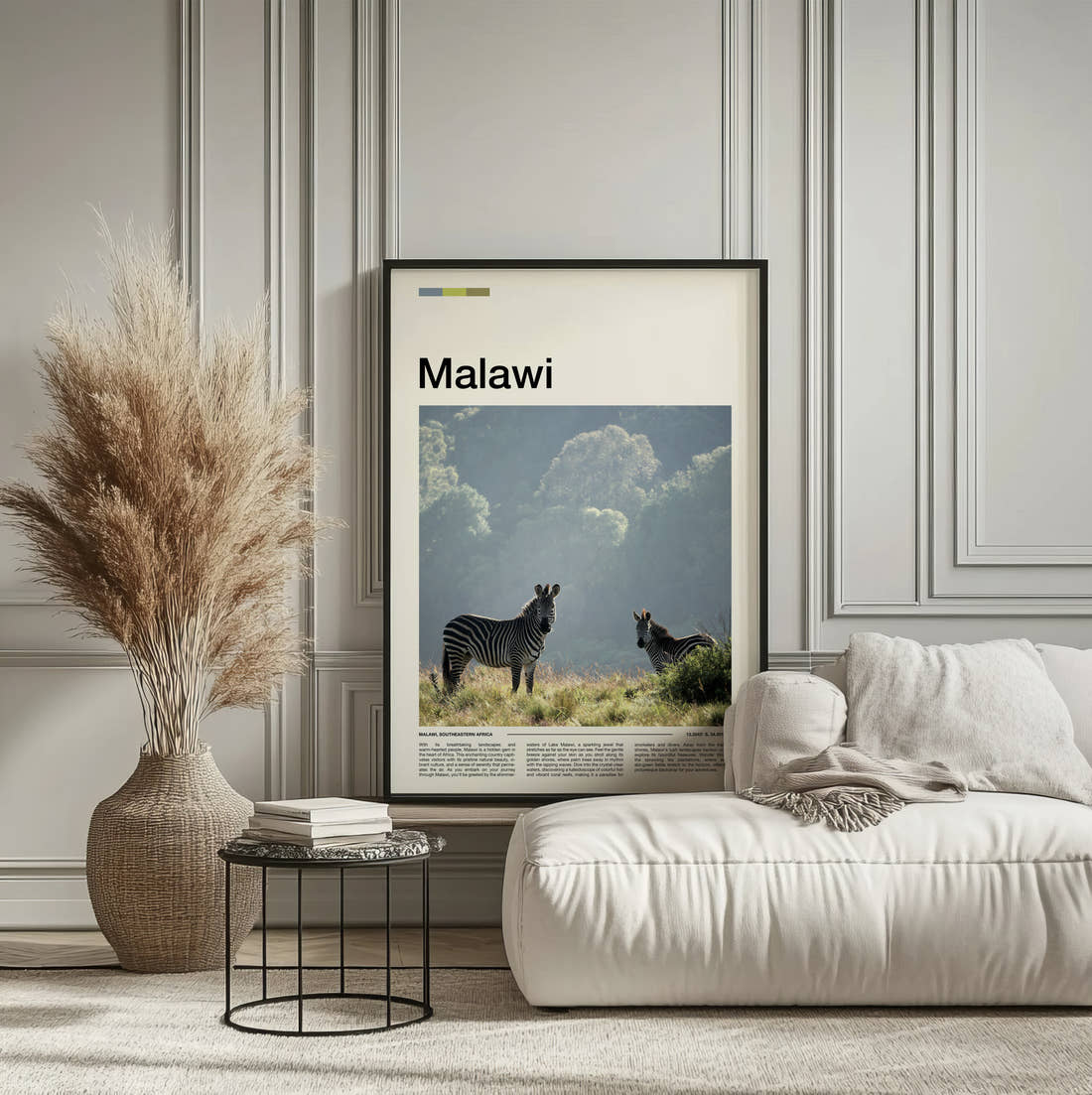 Malawi Zebras Travel Print framed on the wall of a calm, neutral bedroom