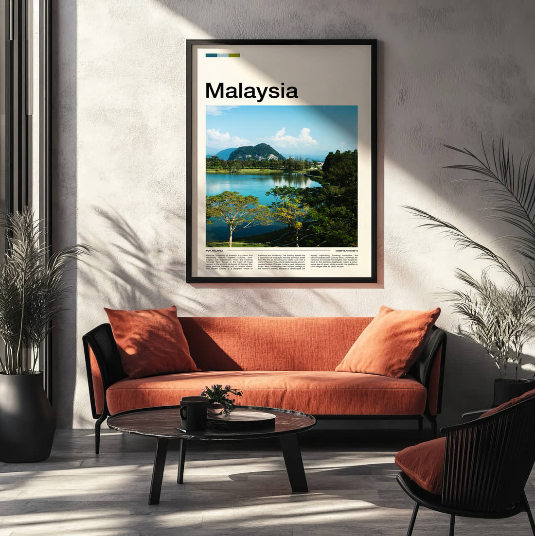 Malaysia Lake And Limestone Hill Travel Print framed on the wall of a modern living room