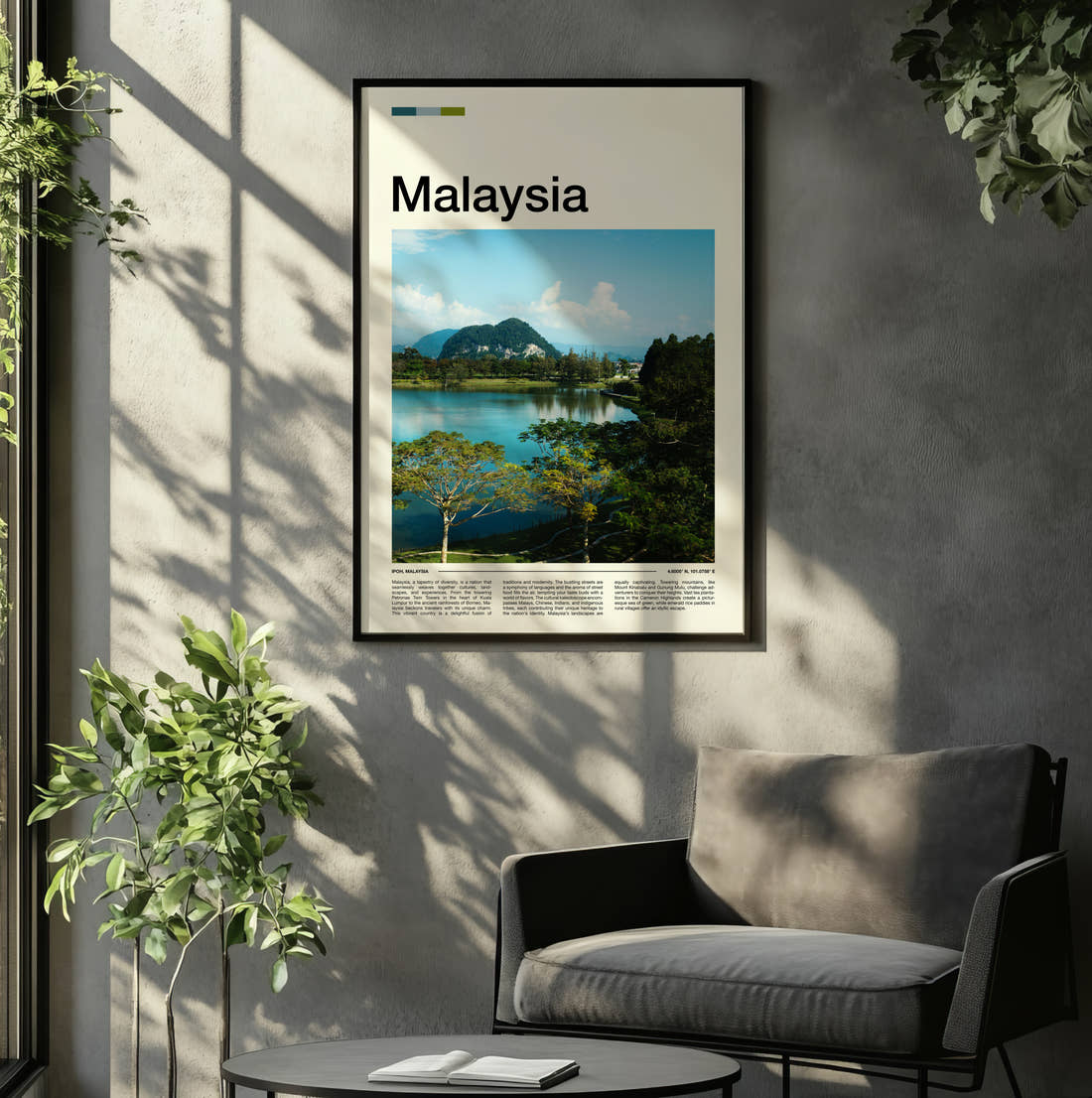 Malaysia Lake And Limestone Hill Travel Print framed on the wall of a relaxed living room