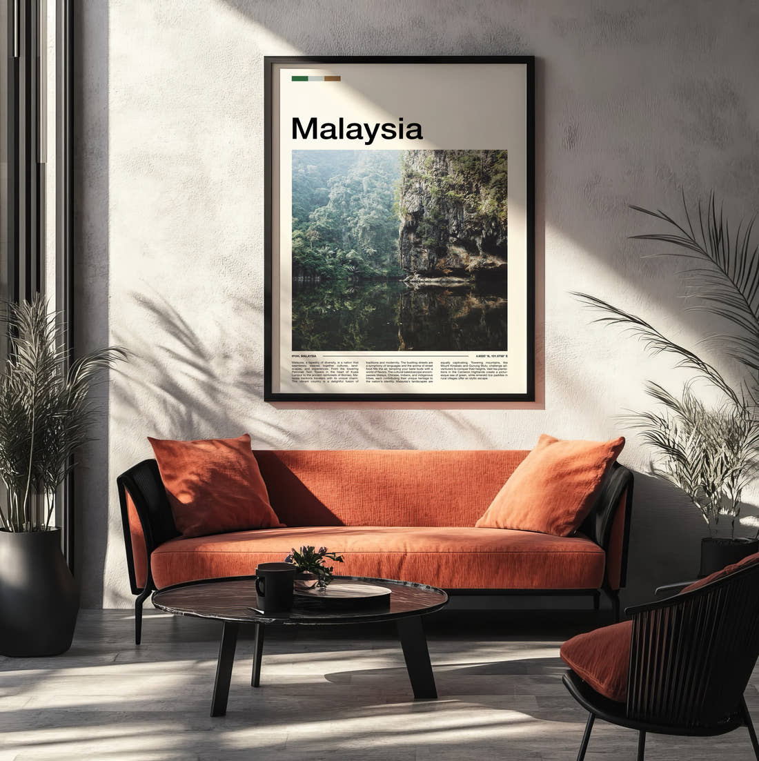 Malaysia Cliffs Reflected In Water Travel Print framed on the wall of a modern living room