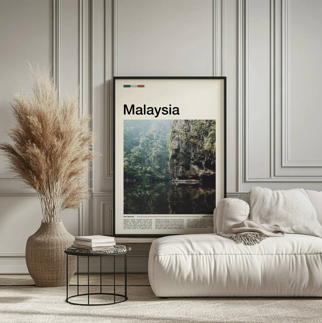 Malaysia Cliffs Reflected In Water Travel Print framed on the wall of a calm, neutral bedroom