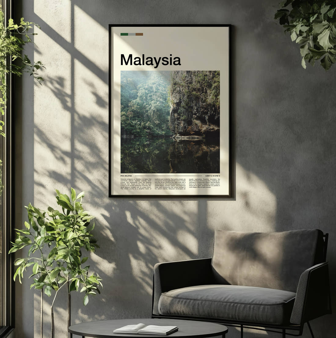 Malaysia Cliffs Reflected In Water Travel Print framed on the wall of a relaxed living room