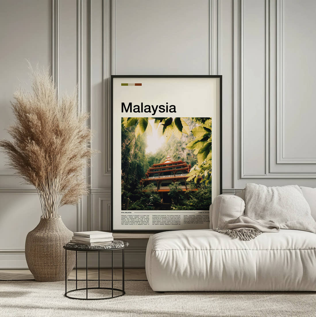 Malaysia Temple In The Jungle Travel Print framed on the wall of a calm, neutral bedroom