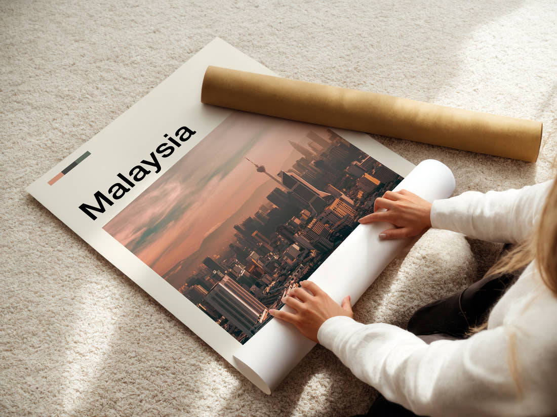 Malaysia Hazy City Skyline Travel Print being unrolled from its postal tube