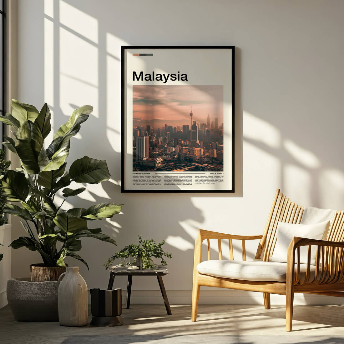 Malaysia Hazy City Skyline Travel Print framed on a pale wall beside houseplants