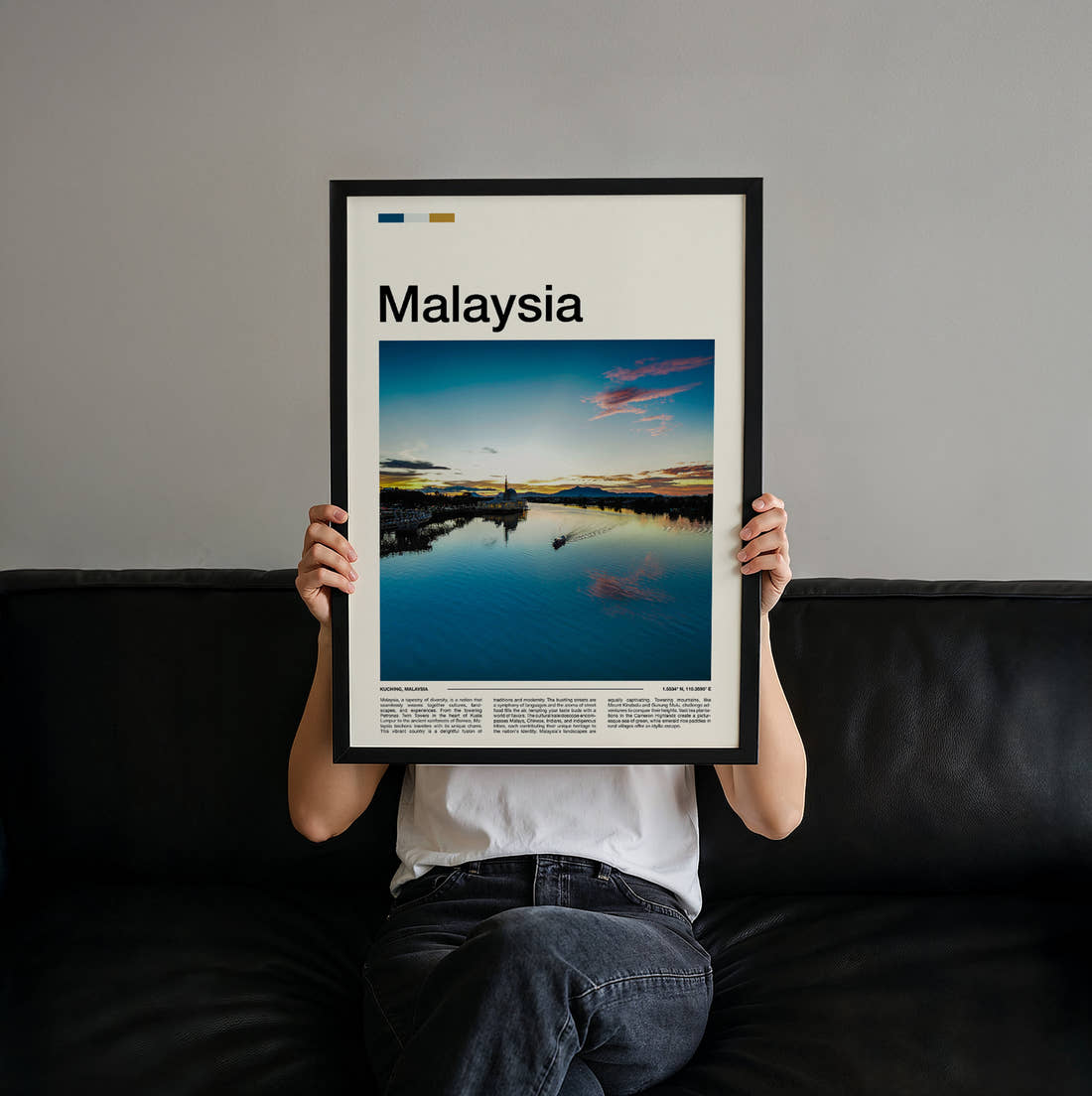 Malaysia River At Sunset Travel Print held up by hand to show the size of the print