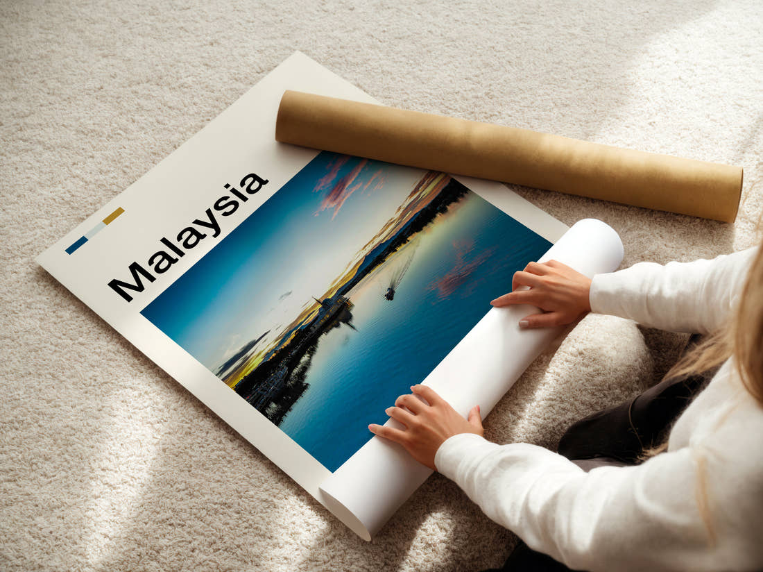 Malaysia River At Sunset Travel Print being unrolled from its postal tube