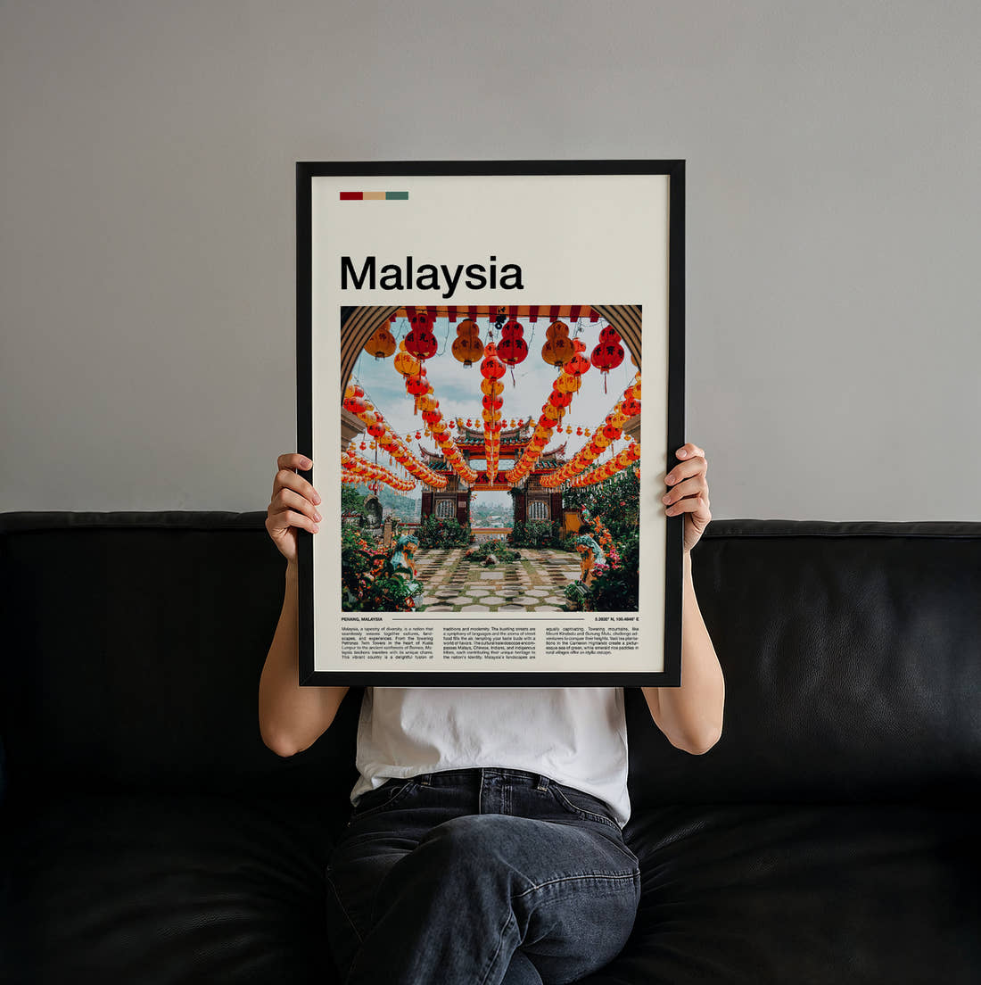 Malaysia Red Lanterns Travel Print held up by hand to show the size of the print