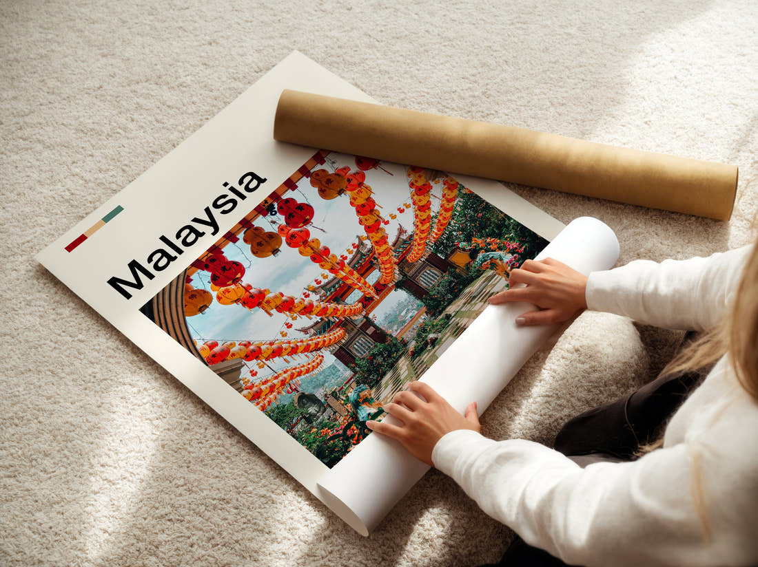 Malaysia Red Lanterns Travel Print being unrolled from its postal tube