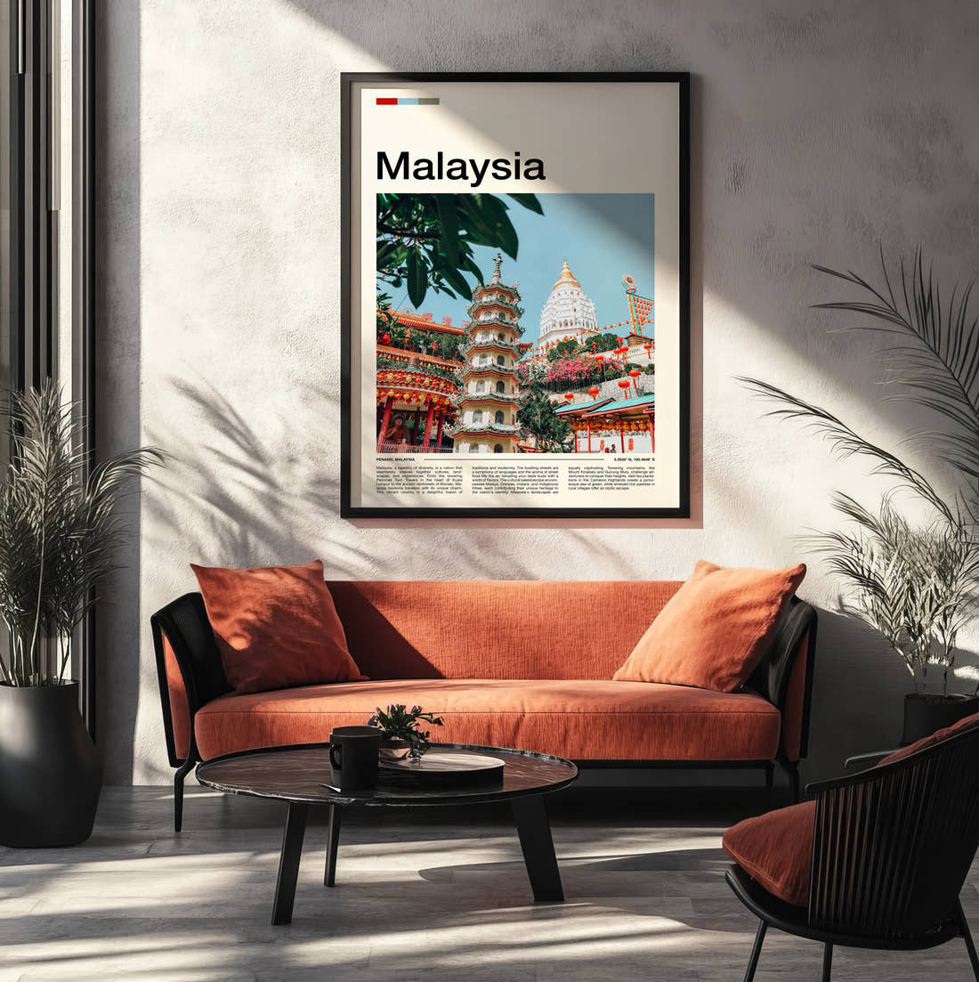 Malaysia Temple And Pagoda Travel Print framed on the wall of a modern living room