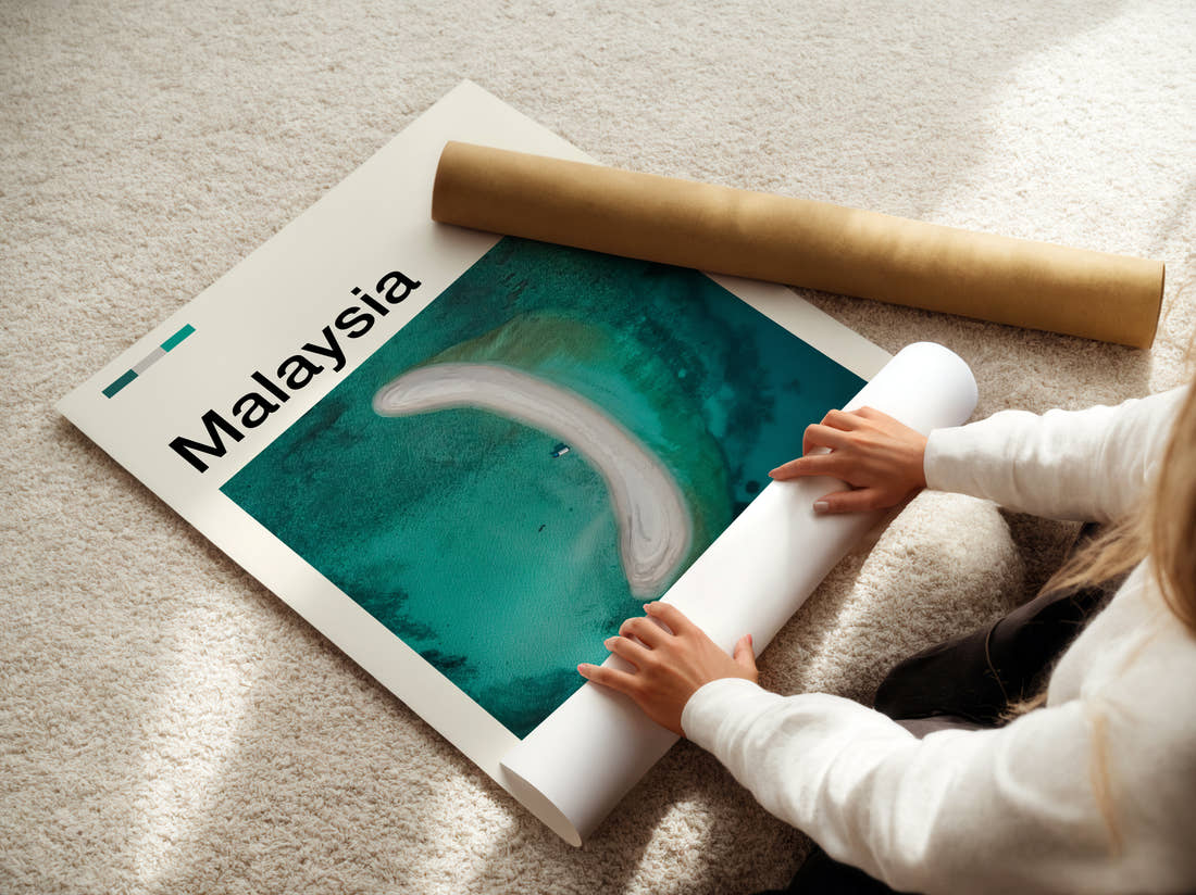 Malaysia Curved Sandbar Travel Print being unrolled from its postal tube