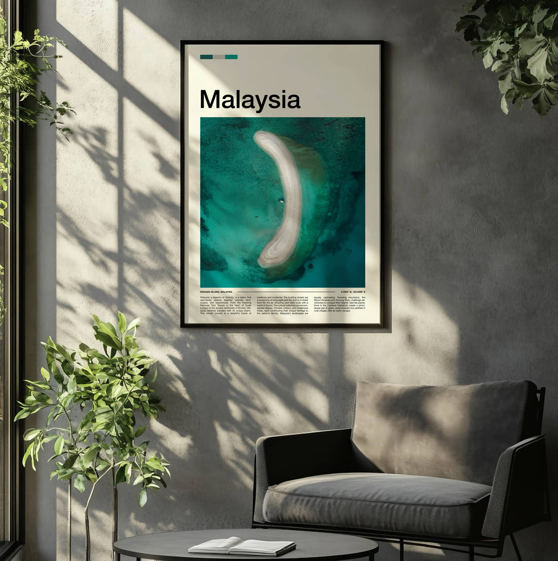 Malaysia Curved Sandbar Travel Print framed on the wall of a relaxed living room