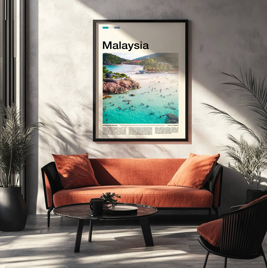 Malaysia Swimmers In Turquoise Water Travel Print framed on the wall of a modern living room