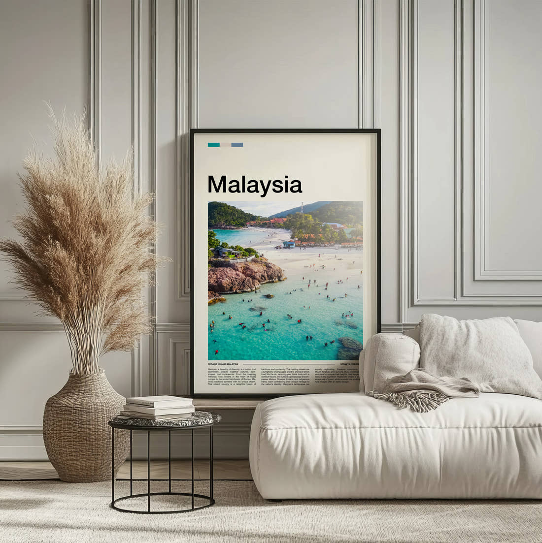 Malaysia Swimmers In Turquoise Water Travel Print framed on the wall of a calm, neutral bedroom