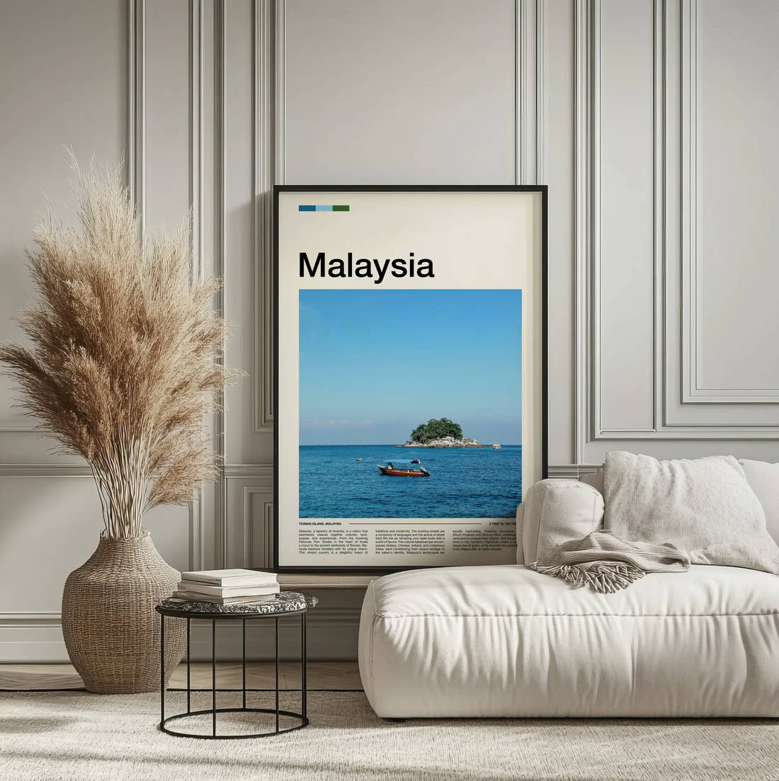 Malaysia Small Island And Boat Travel Print framed on the wall of a calm, neutral bedroom