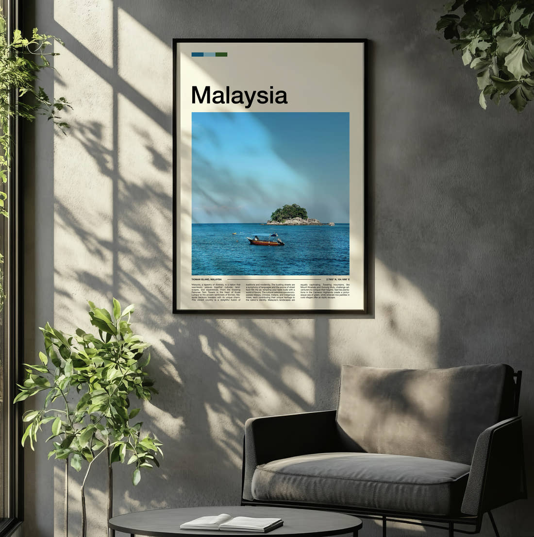 Malaysia Small Island And Boat Travel Print framed on the wall of a relaxed living room