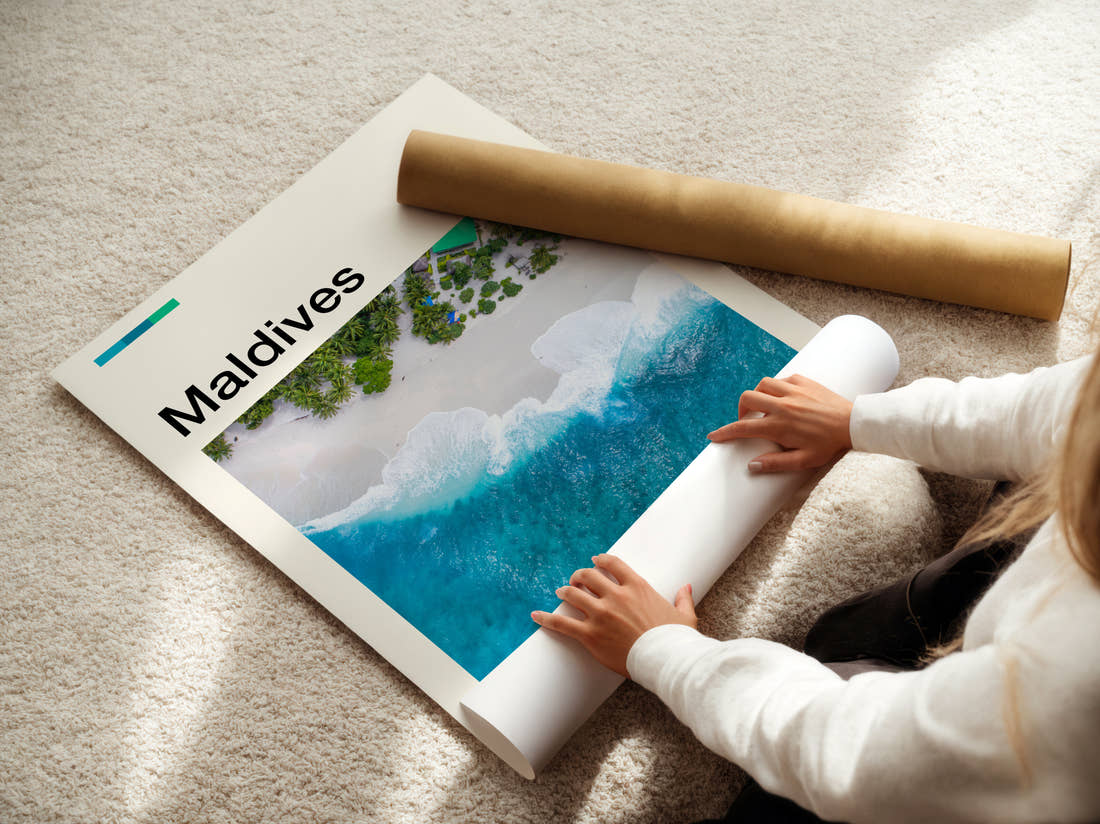 Maldives Aerial View Of Beach Travel Print being unrolled from its postal tube
