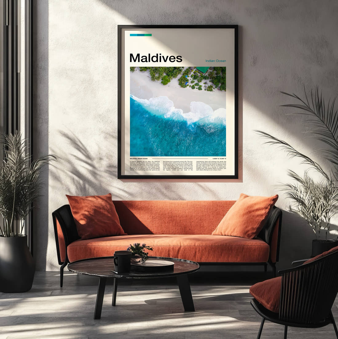Maldives Aerial View Of Beach Travel Print framed on the wall of a modern living room