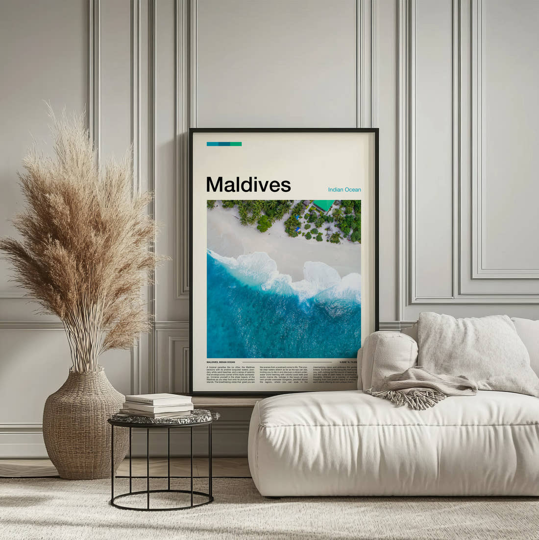 Maldives Aerial View Of Beach Travel Print framed on the wall of a calm, neutral bedroom