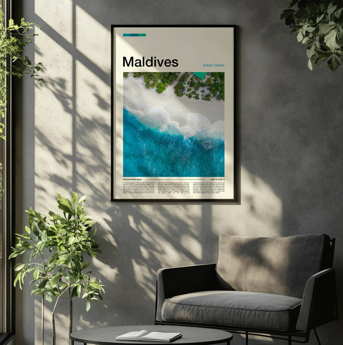 Maldives Aerial View Of Beach Travel Print framed on the wall of a relaxed living room