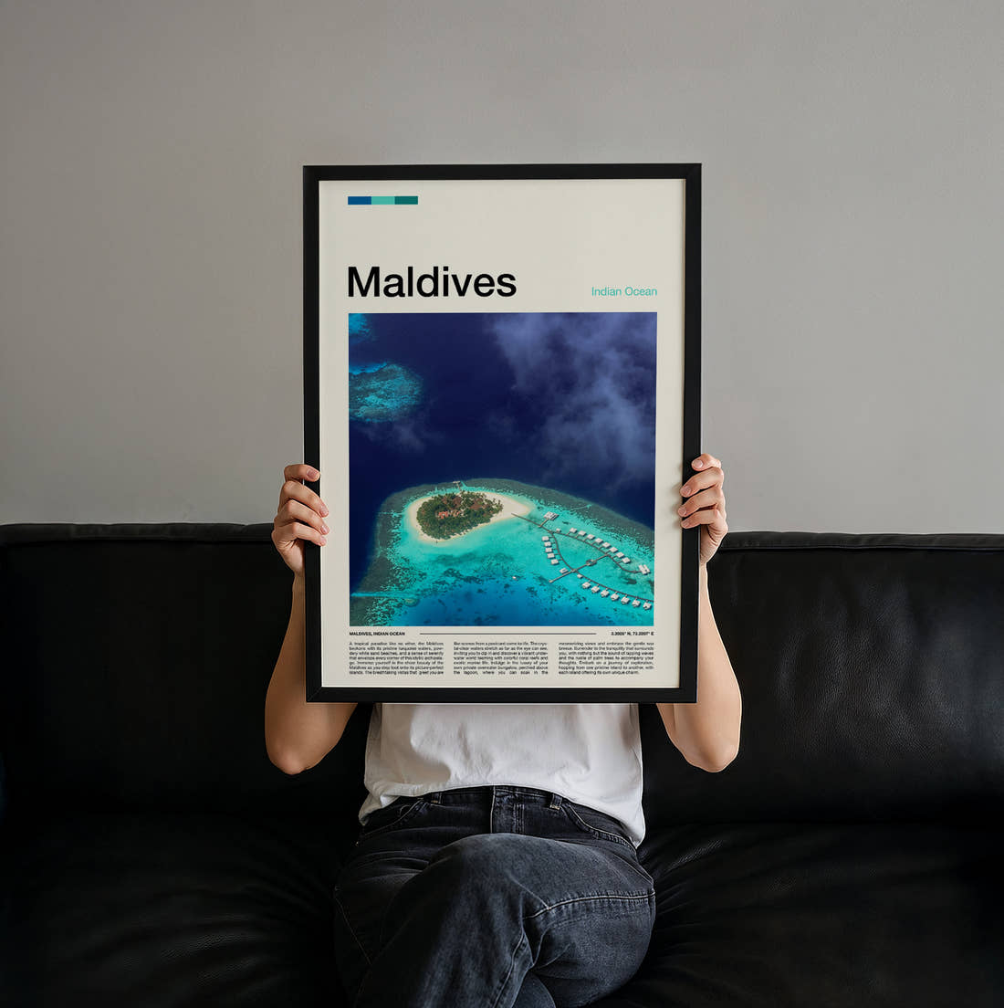 Maldives Island With Overwater Villas Travel Print held up by hand to show the size of the print