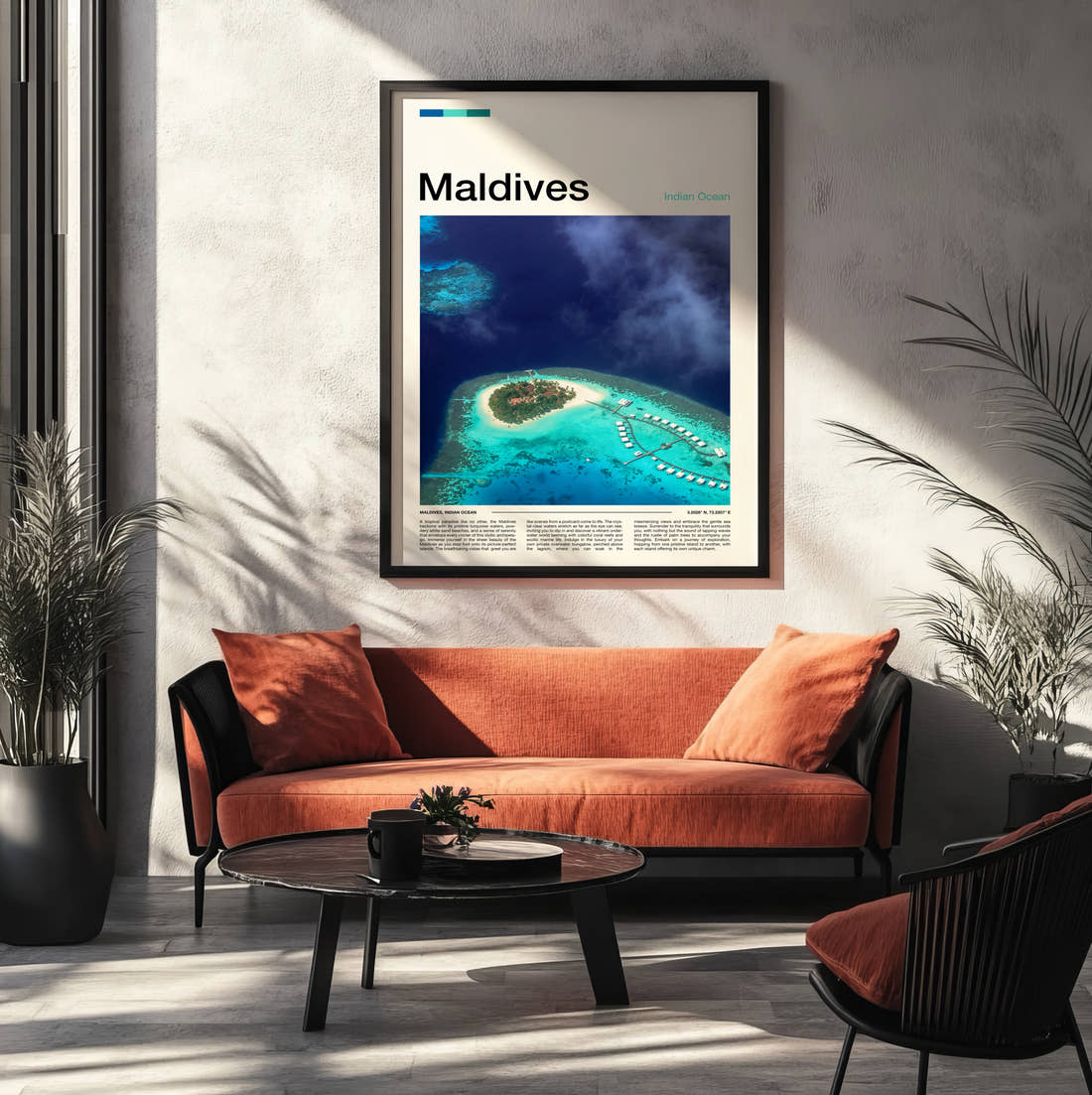 Maldives Island With Overwater Villas Travel Print framed on the wall of a modern living room