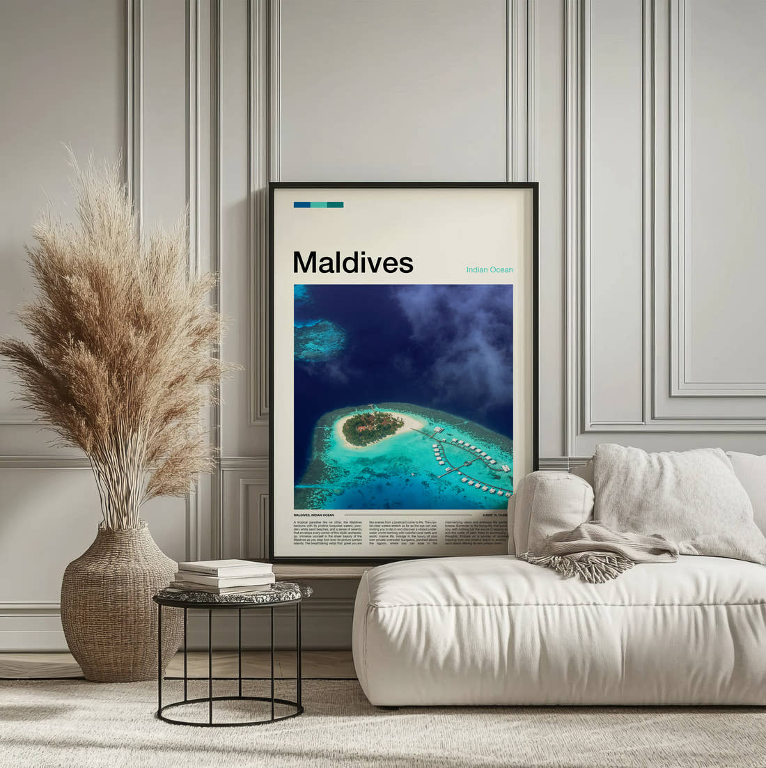 Maldives Island With Overwater Villas Travel Print framed on the wall of a calm, neutral bedroom