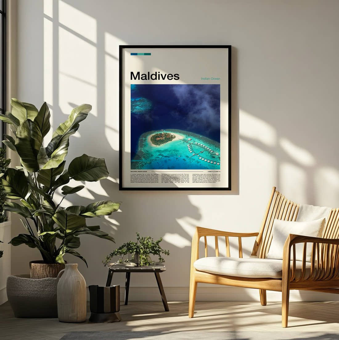 Maldives Island With Overwater Villas Travel Print framed on a pale wall beside houseplants
