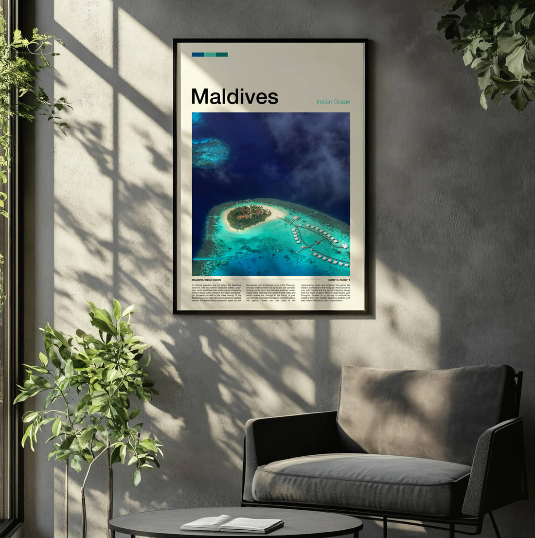 Maldives Island With Overwater Villas Travel Print framed on the wall of a relaxed living room