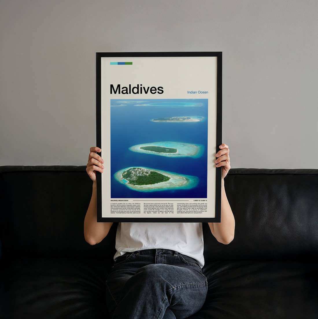Maldives Small Tropical Islands Travel Print held up by hand to show the size of the print