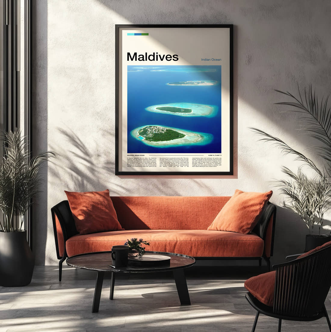 Maldives Small Tropical Islands Travel Print framed on the wall of a modern living room