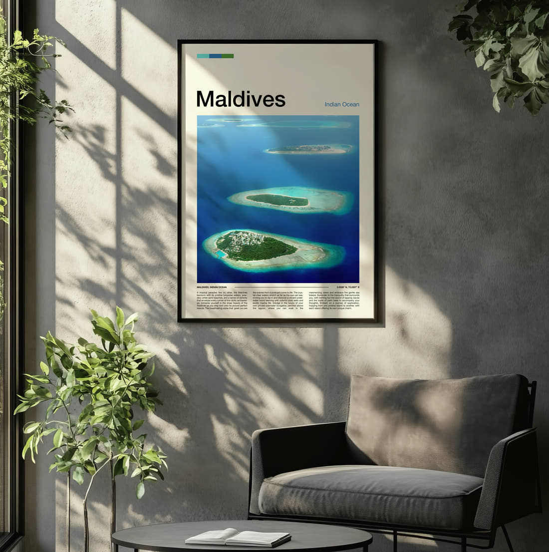 Maldives Small Tropical Islands Travel Print framed on the wall of a relaxed living room