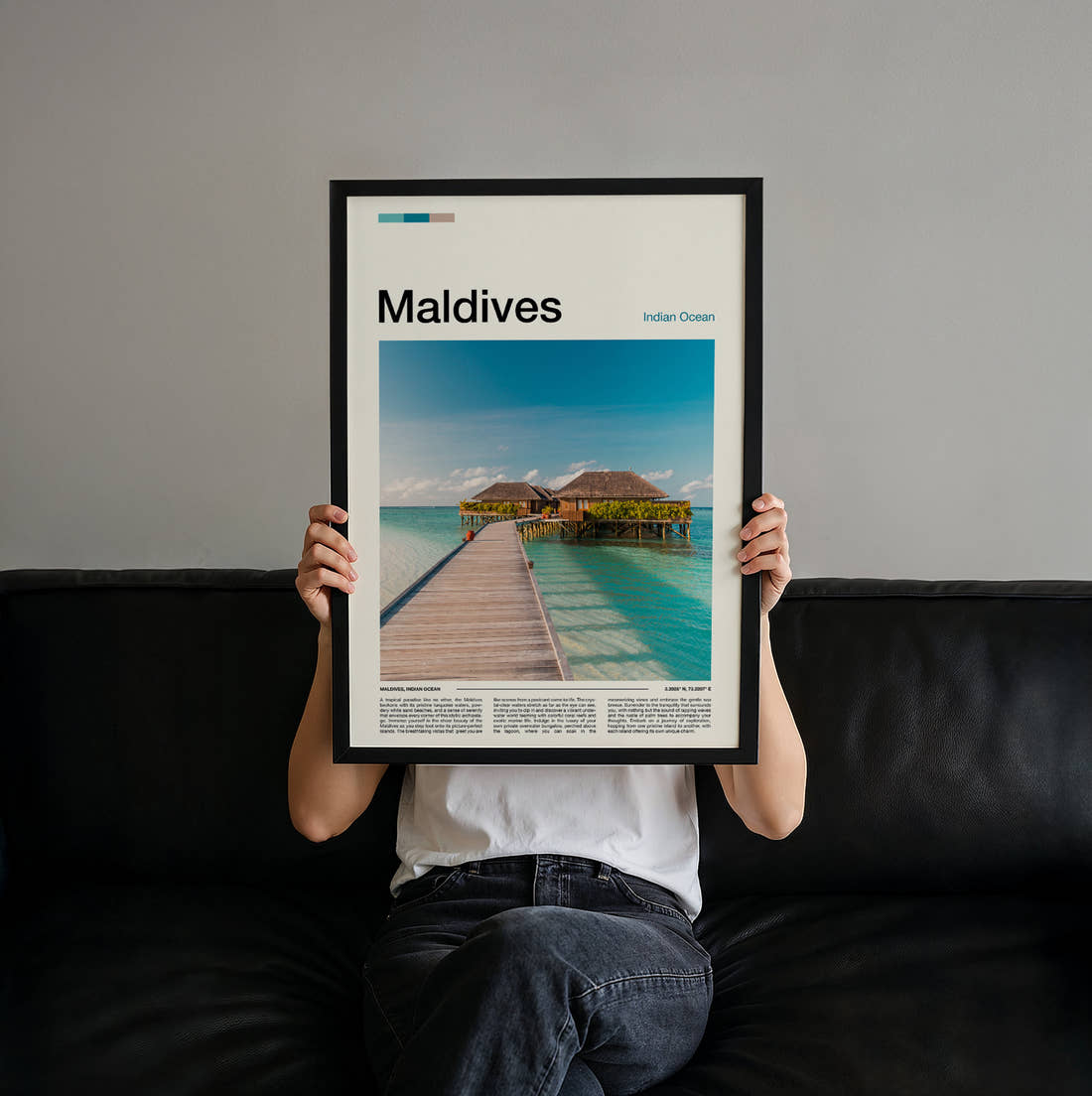 Maldives Overwater Bungalow Travel Print held up by hand to show the size of the print