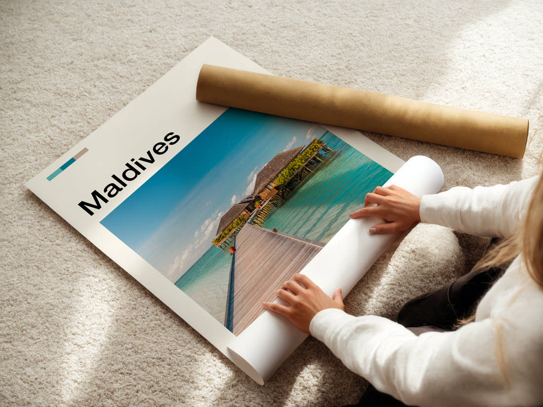 Maldives Overwater Bungalow Travel Print being unrolled from its postal tube