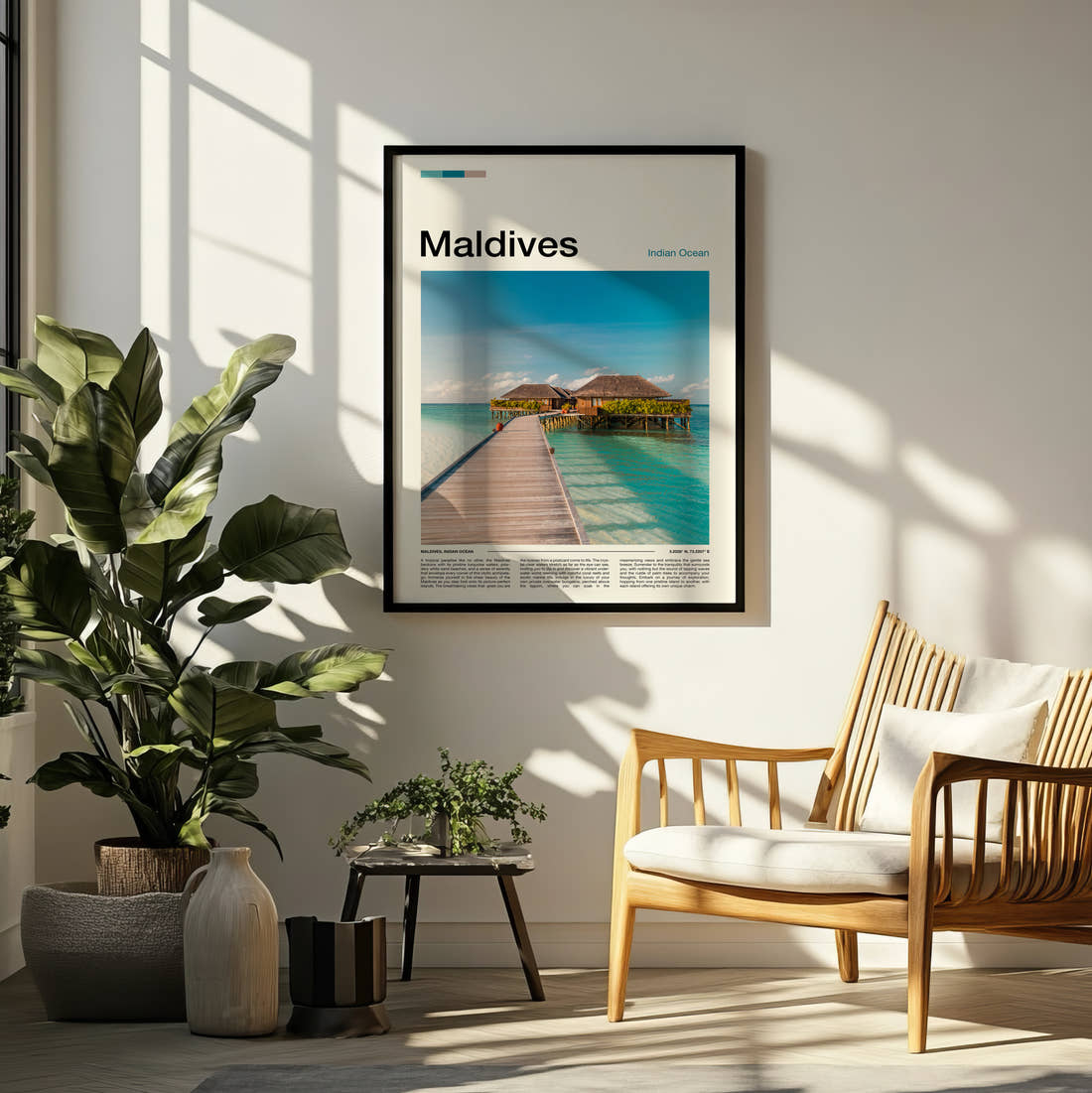 Maldives Overwater Bungalow Travel Print framed on a pale wall beside houseplants