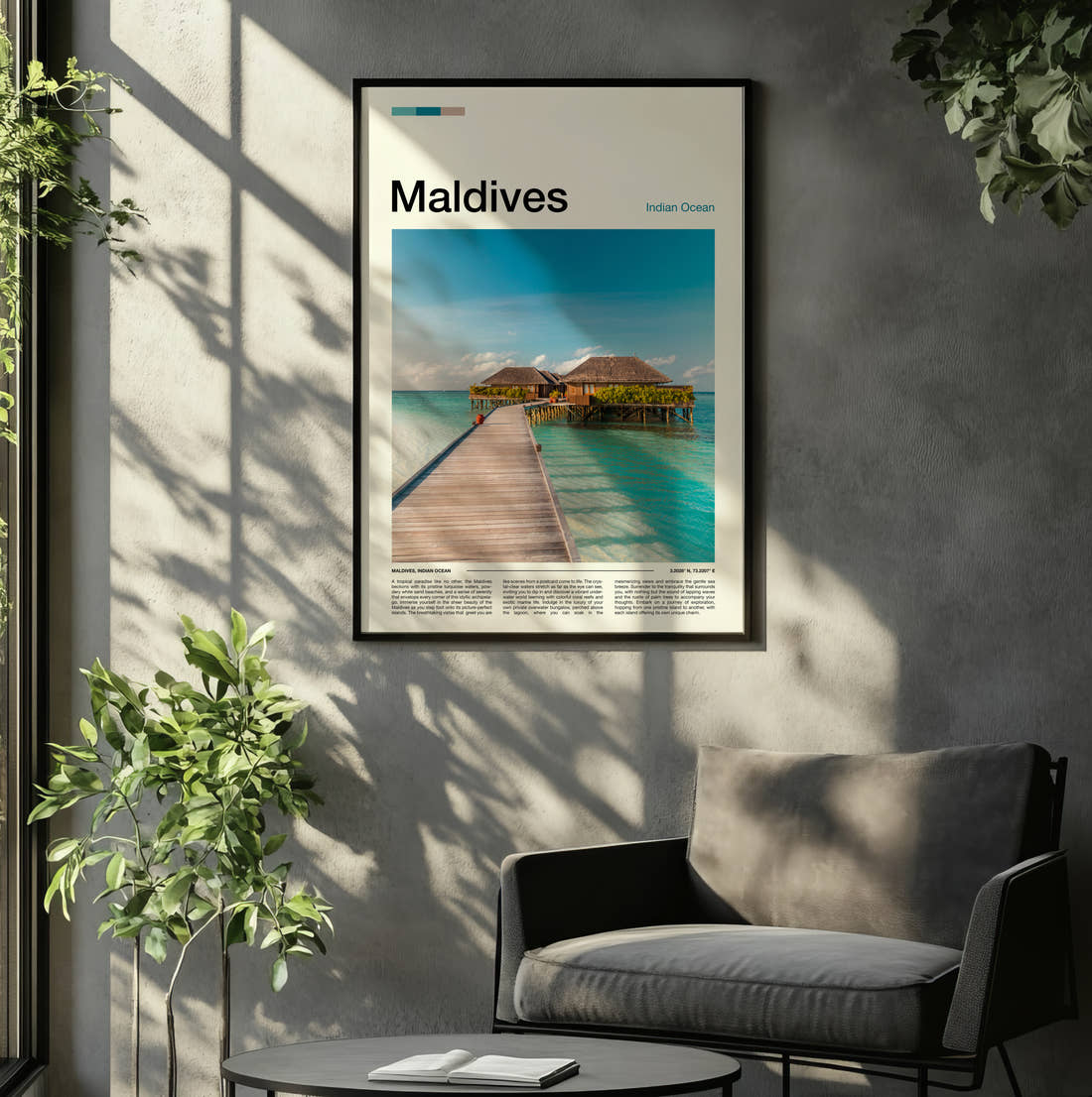 Maldives Overwater Bungalow Travel Print framed on the wall of a relaxed living room