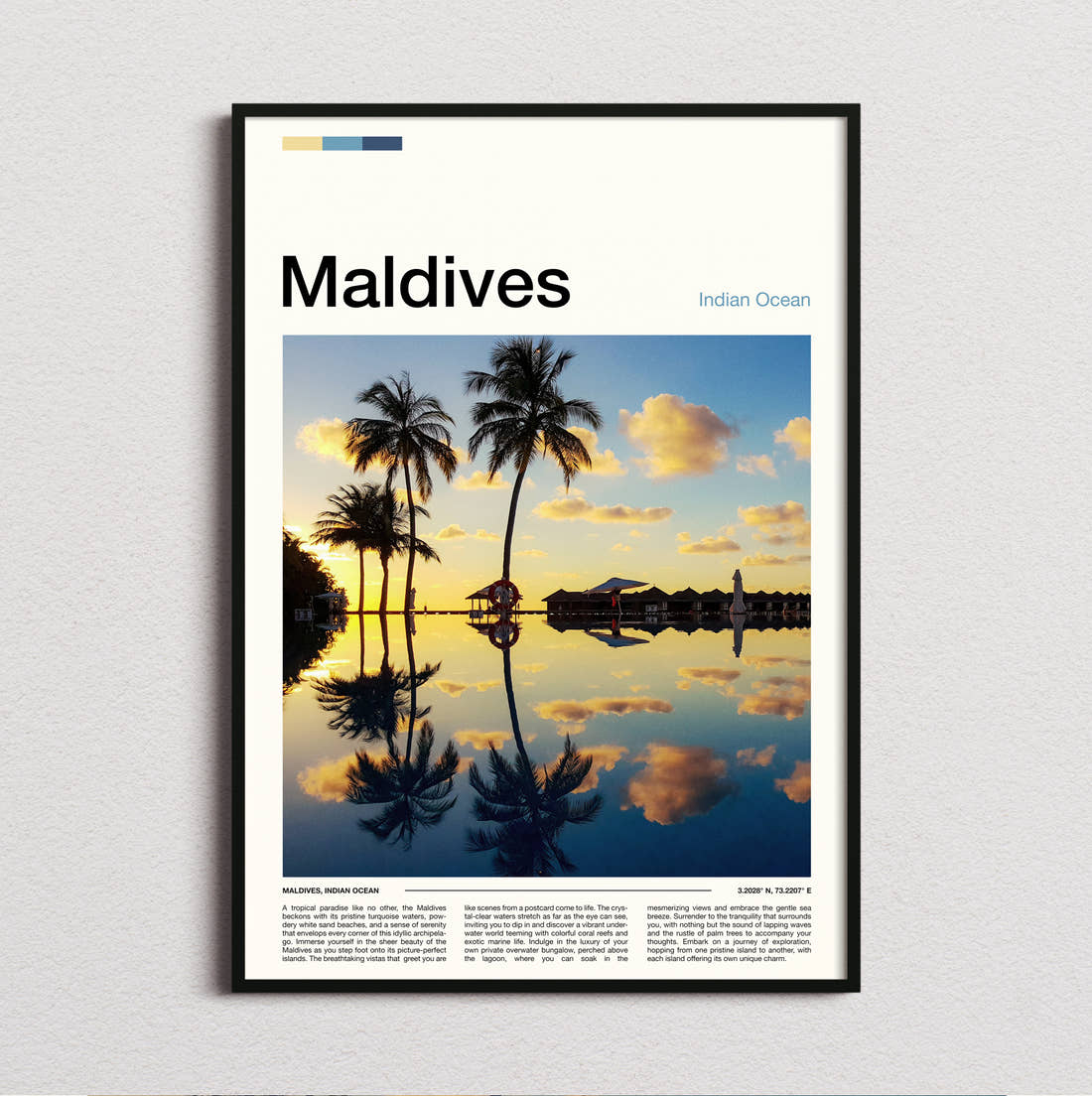 Maldives Palms Reflected In Water Travel Print framed and photographed straight on