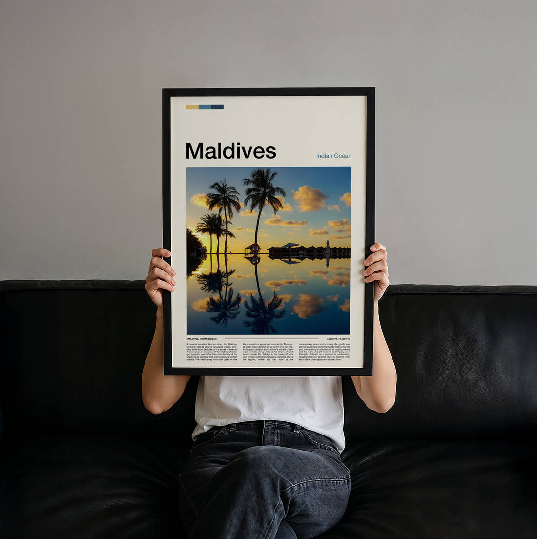Maldives Palms Reflected In Water Travel Print held up by hand to show the size of the print