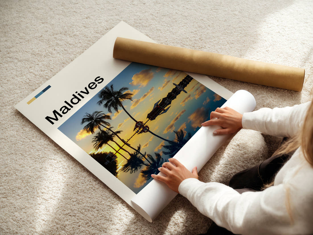 Maldives Palms Reflected In Water Travel Print being unrolled from its postal tube