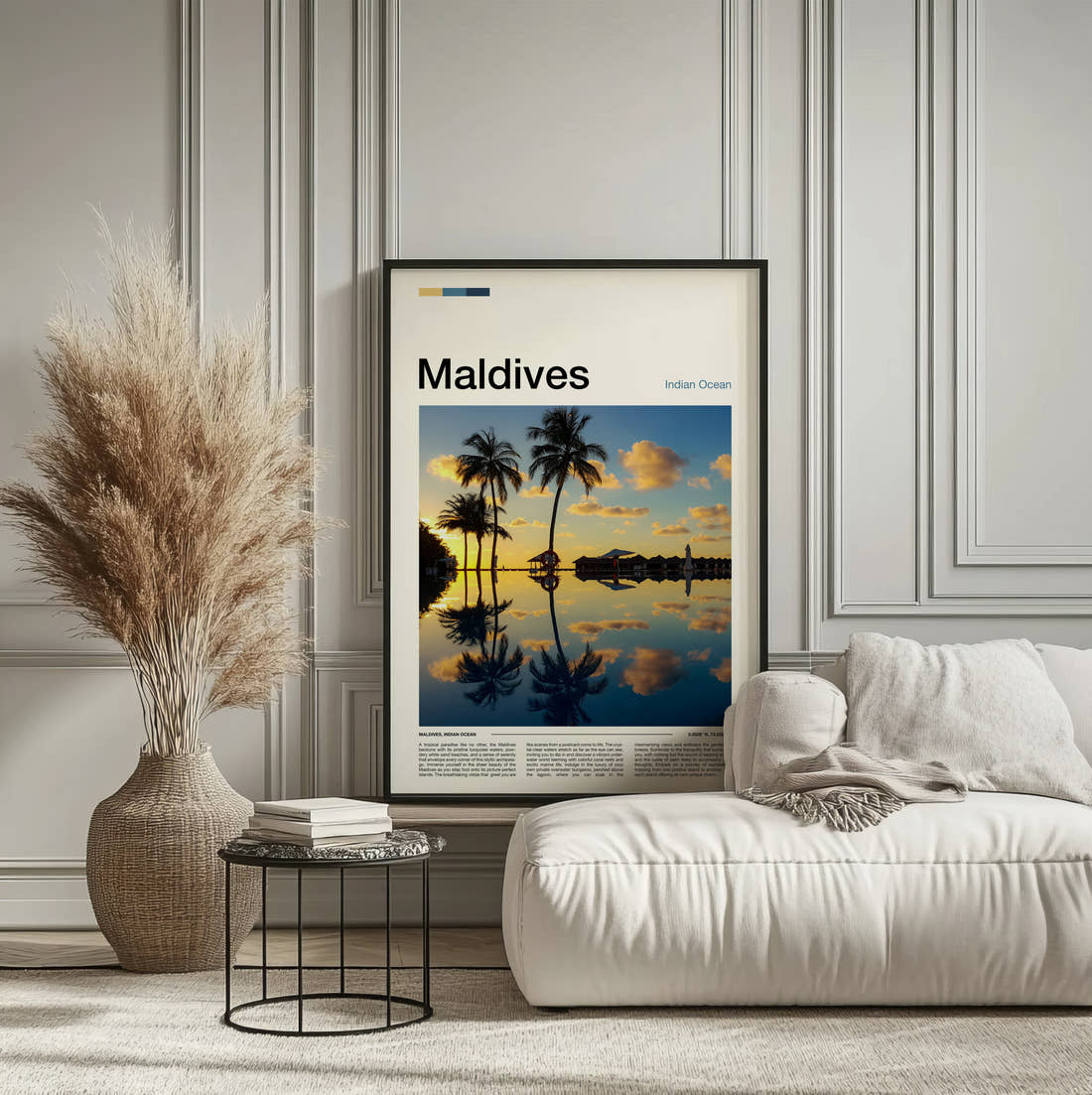 Maldives Palms Reflected In Water Travel Print framed on the wall of a calm, neutral bedroom