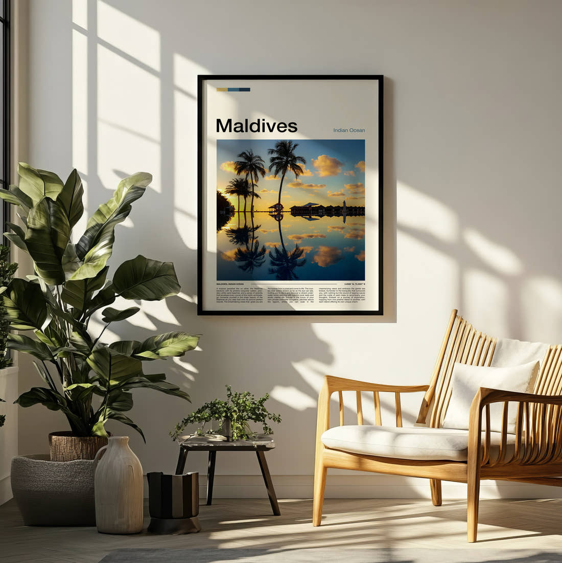 Maldives Palms Reflected In Water Travel Print framed on a pale wall beside houseplants