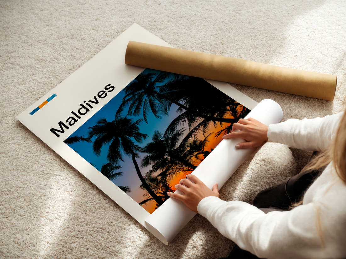Maldives Palm Trees At Sunset Travel Print being unrolled from its postal tube