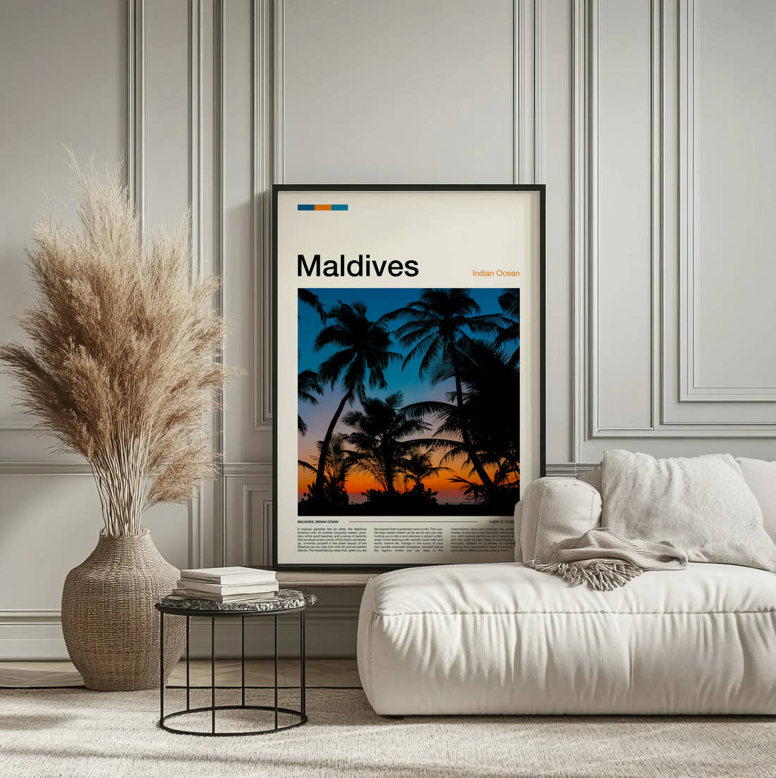 Maldives Palm Trees At Sunset Travel Print framed on the wall of a calm, neutral bedroom