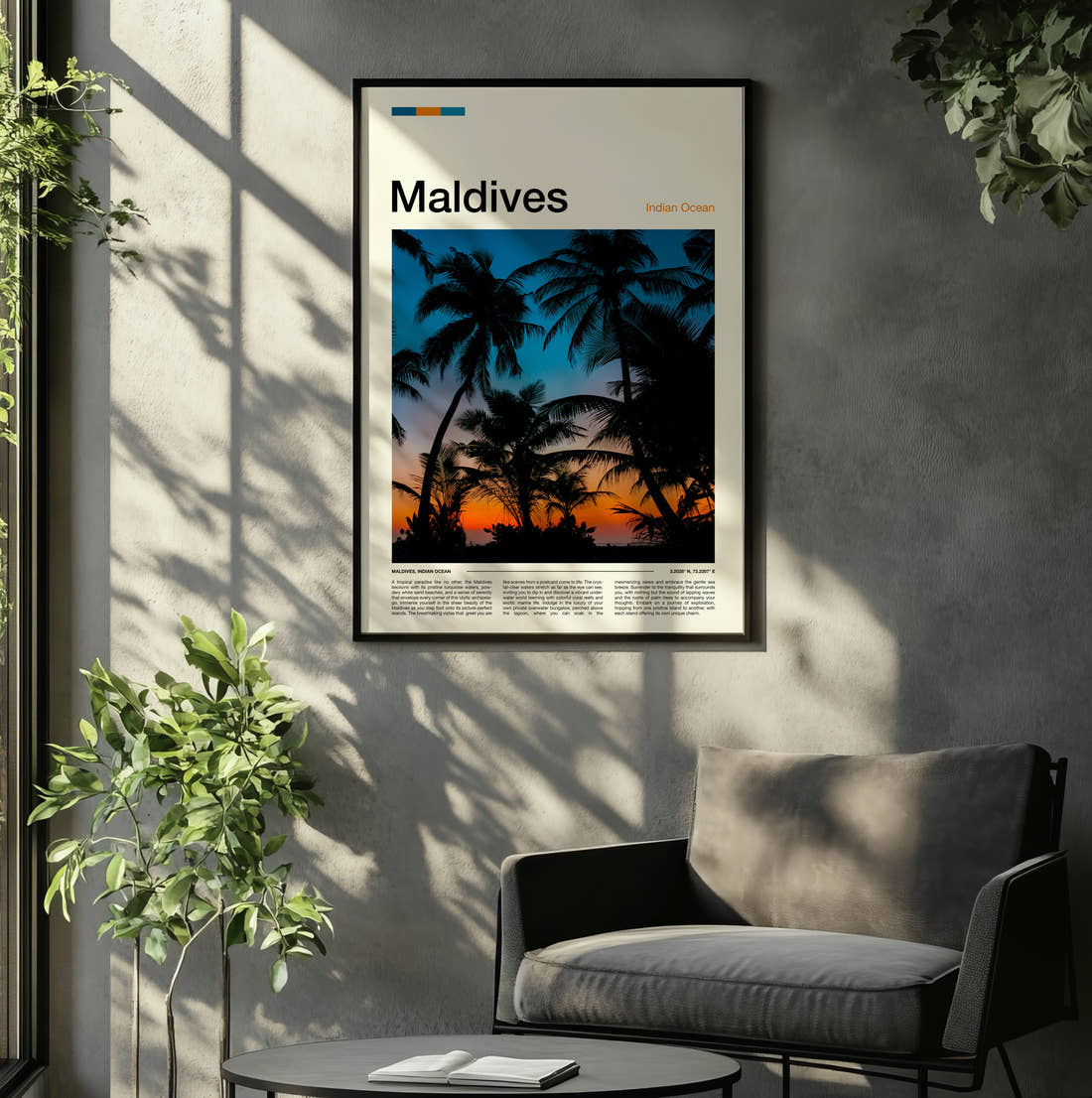 Maldives Palm Trees At Sunset Travel Print framed on the wall of a relaxed living room