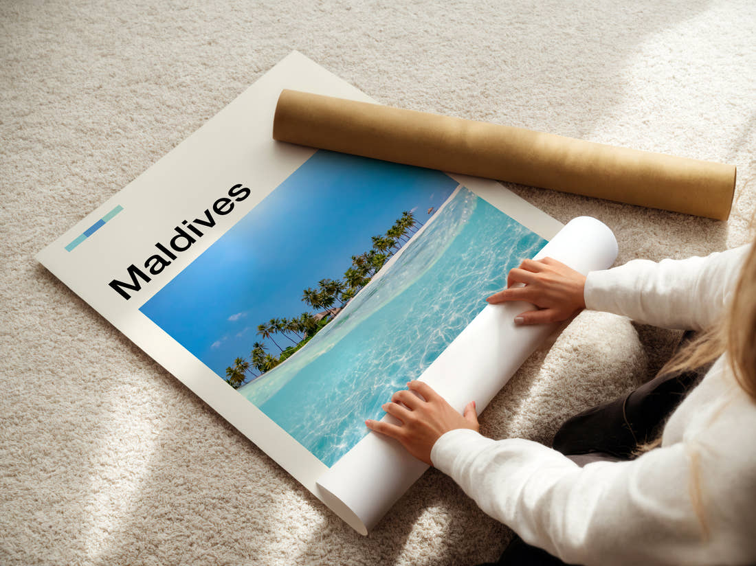 Maldives Half Underwater View Travel Print being unrolled from its postal tube