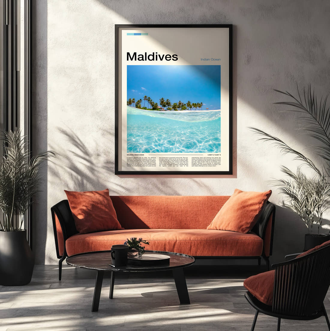 Maldives Half Underwater View Travel Print framed on the wall of a modern living room